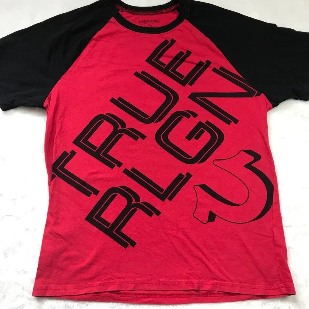 True Religion Mens TRUE DIAG Raglan Tee Short Sleeve Red Black 100% Cotton Large